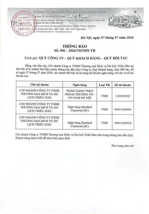Cập nhật thông tin thanh toán chính thức của Du lịch Triều Hảo - Chi nhánh Hà Nội 
