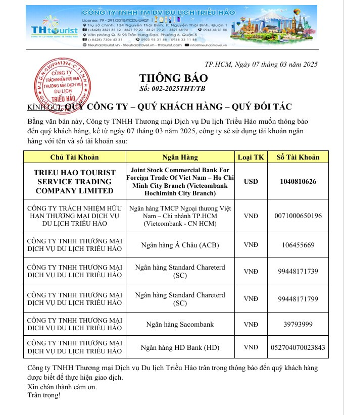 Du Lịch Triều Hảo cập nhật thông tin tài khoản thanh toán chính thức